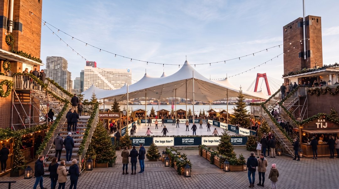 De ijsbaan van Schaatsen op de Maas bij Bar Tij op het Noordereiland, op een heldere winterdag